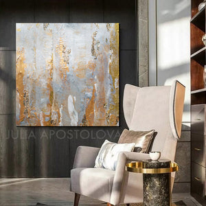 Minimalist Elegant Gray Gold Wall Art Set of Two Abstract Canvas Paintings with Gold Leaf Details