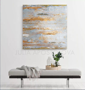 Gray Gold Abstract Gold Leaf Art Original Minimalist Painting Elegant Luxury Decor, Julia Apostolova