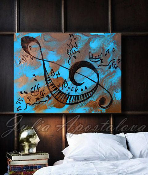 Blue Musical Painting, Canvas Print with Sol Key, Piano, Music Notes, Gift for Him and Music Lovers Abstract Painting, Julia Apostolova,  with Musical Notes, Canvas Wall Art Print, Music Gift, Modern Decor, Gift for Music Lovers, gift for musician, sol key painting, abstract notes