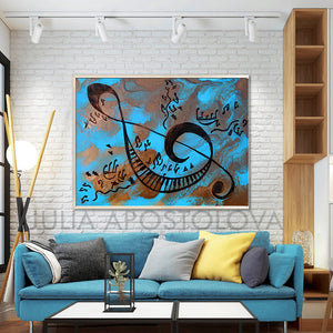 Blue Musical Painting, Canvas Print with Sol Key, Piano, Music Notes, Gift for Him and Music Lovers Abstract Painting, Julia Apostolova,  with Musical Notes, Canvas Wall Art Print, Music Gift, Modern Decor, Gift for Music Lovers, gift for musician, sol key painting, abstract notes