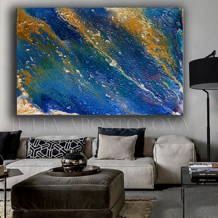 Navy Blue Abstract Ocean Painting with Gold Galaxy Wall Art Space