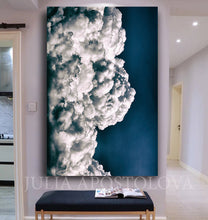 Navy Blue Painting, Cloud Wall Art, Julia Apostolova, Abstract Cloudscape, Trend Art, Textured Canvas, Dark Blue Wall Art, Large Cloud Painting, Cloud Oil Painting, Bedroom Decor, Interior, Trendy, Trend Decor, Living Room, Blue Painting, Blue Art, Naby Blue Decor, Art over Bed, Large Wall Art, Interior Designer