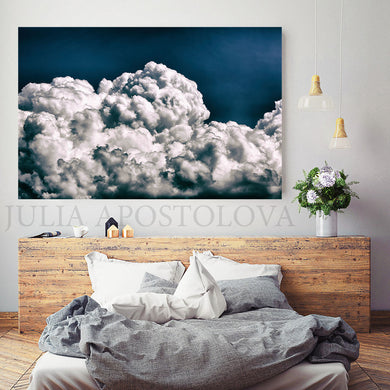 Navy Blue Cloud Painting, Cloud Wall Art, Julia Apostolova, Abstract Cloudscape, Trend Art, Textured Canvas, Dark Blue Wall Art, Large Cloud Painting, Cloud Oil Painting, Bedroom Decor, Interior, Trendy, Trend Decor, Living Room, Blue Painting, Blue Art, Naby Blue Decor, Art over Bed, Large Wall Art, Interior Designer