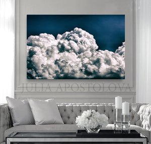 Navy Blue Painting, Cloud Wall Art, Julia Apostolova, Abstract Cloudscape, Trend Art, Textured Canvas, Dark Blue Wall Art, Large Cloud Painting, Cloud Oil Painting, Bedroom Decor, Interior, Trendy, Trend Decor, Living Room, Blue Painting, Blue Art, Naby Blue Decor, Art over Bed, Large Wall Art, Interior Designer