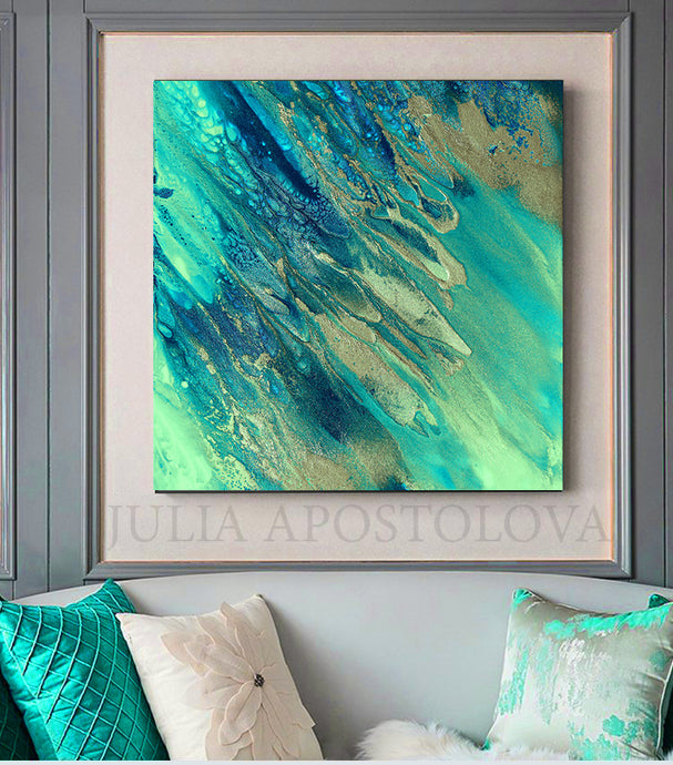 Turquoise Abstract Art Blue Painting Ocean Wall Art Canvas Print Seascape Wall Art, Julia Apostolova