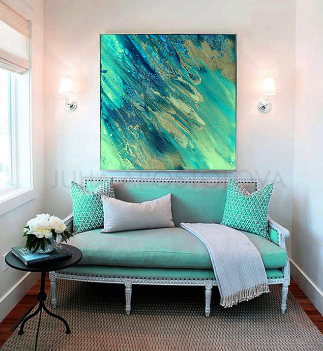 Turquoise Abstract Art Blue Painting Ocean Wall Art Canvas Print Seascape Wall Art, Julia Apostolova