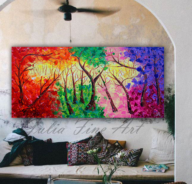 Forest Painting, Huge Original Painting Abstract Forest Art, Spring Decor, Colorful Landscape, Trees, Colorful Wall Art, Bold Colors, Rich Textures, Ready to Hang, Floating Frame, pop color, living room, Original Abstract Oil Painting, artist Julia Apostolova, dining room, master bedroom art, kids wall art decor, lobby decor, colorful abstract, oil painting, huge art, interior design ideas, interior decor, pop decor, pop wall art, livingroom decor, art gift for her, large art, giant art, artwork, splash art