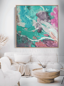 Turquoise Pink Wall Art Teal Painting Abstract Canvas Print ''Underwater Life'' Coastal Boho Decor wall art colorful abstract canvas print, teal art, large painting, julia apostolova, home decor, contemporary, modern, interior, decor, wall art,, textured, teal print painting, turquoise and pink art, rectangular art, office, home wall decor, dinning room