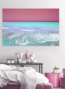 Turquoise Pink Wall Art Aerial Beach Canvas Print, Huge Relaxing Art for Bedroom, Pilates, Spa Decor