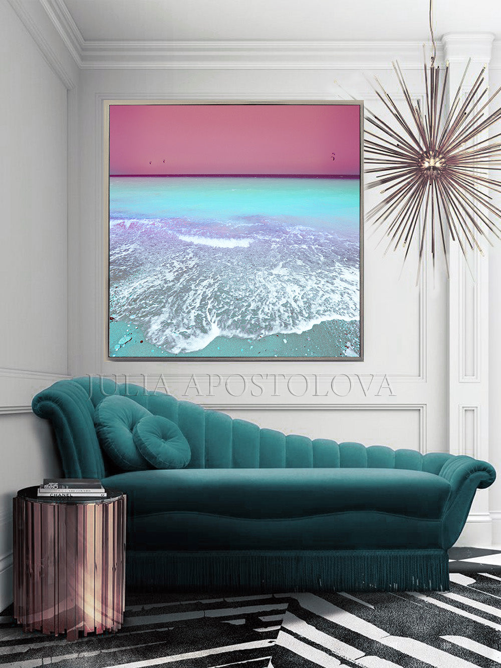 Pink Sky and Turquoise Waters Canvas Pastel Wall Art Ocean Beach Photography, Minimal Coastal Print