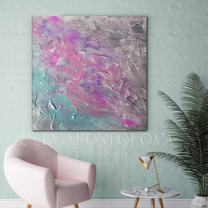 Purple Gray Abstract Painting, Modern Wall Art Decor, Pink Turquoise Textured Canvas, Office Decor, Home Decor, Pink and Gray, Minimalist Painting, Elegant, Silver and Purple, Silver Pink Teal, Living Room, Bedroom, Interior, Abstract Art, Large Abstract, Huge Art, Ready to Hang. Art over Bed, Romantic Art, Art Gift for Her