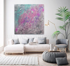 Purple Gray Abstract Painting, Modern Wall Art Decor, Pink Turquoise Textured Canvas, Office Decor, Home Decor, Pink and Gray, Minimalist Painting, Elegant, Silver and Purple, Silver Pink Teal, Living Room, Bedroom, Interior, Abstract Art, Large Abstract, Huge Art, Ready to Hang. Art over Bed, Romantic Art, Art Gift for Her