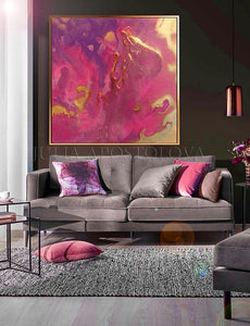 Pink Gold Wall Art, Purple Minimalist Abstract Painting, Canvas Art, Golden Details, Pink and Gold, READY TO HANG, Julia Apostolova, romantic painting, glitter abstract art, minimalist art, purple wall art, purple painting, purple minimalist painting, purple gold wall art, purple gold, purple decor, print on canvas, pouring painting, anniversary gift, extra large abstract paintings, large abstract art, embellished giclée, embellished canvas, elegant interior design, elegant decor, bold colors, dinning room,