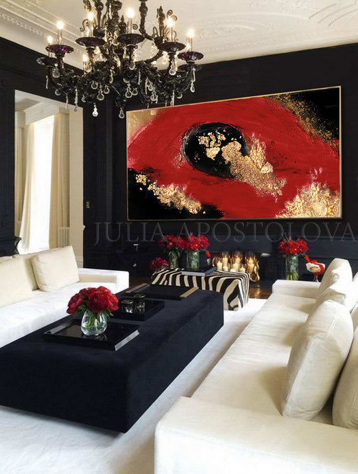 Red Gold Black Art, Gold Leaf Painting Abstract Gold Leaf, Large Luxury Wall Art, Julia Apostolova, Living Room, Gold Leaf Abstract, Gold Leaf Wall Art, Hotel Decor, Interior, Glam Decor, Luxury painting, Luxury Art, Deep Red and Gold, Interior Designer, Interior Design Ideas, Wall Art with Real Gold Leaf, Dinning Room, Office, Restaurant,