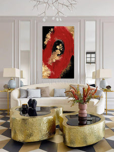 Red Gold Black Art, Gold Leaf Painting Abstract Gold Leaf, Large Luxury Wall Art, Julia Apostolova, Living Room, Gold Leaf Abstract, Gold Leaf Wall Art, Hotel Decor, Interior, Glam Decor, Luxury painting, Luxury Art, Deep Red and Gold, Interior Designer, Interior Design Ideas, Wall Art with Real Gold Leaf, Dinning Room, Office, Restaurant,