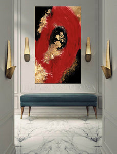 Red Gold Black Art, Gold Leaf Painting Abstract Gold Leaf, Large Luxury Wall Art, Julia Apostolova, Living Room, Gold Leaf Abstract, Gold Leaf Wall Art, Hotel Decor, Interior, Glam Decor, Luxury painting, Luxury Art, Deep Red and Gold, Interior Designer, Interior Design Ideas, Wall Art with Real Gold Leaf, Dinning Room, Office, Restaurant, 