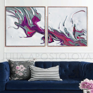 White Purple Minimalist Painting Set of 2 Art Canvas Prints of Original Floral Abstract Painting