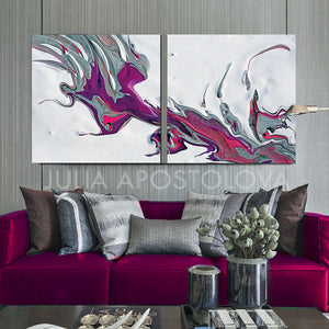 White Purple Minimalist Painting Set of 2 Art Canvas Prints of Original Floral Abstract Painting