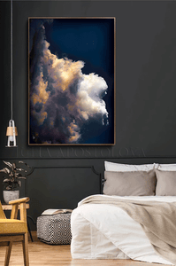 Dark Cloud Wall Art Painting Canvas Print Large Modern Trend Decor, Sun Light Through Storm Clouds , Large Cloud Wall Art over bed in boho bedroom setting.