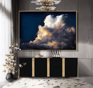 Dark Cloud Wall Art Painting Canvas Print Large Modern Trend Decor, Sun Light Through Storm Clouds , Large Cloud Wall Art in the wall in modern living room decor setting.