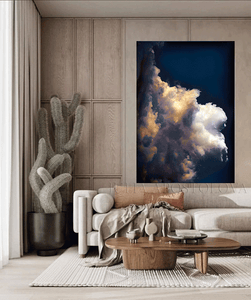 Dark Cloud Wall Art Painting Canvas Print Large Modern Trend Decor, Sun Light Through Storm Clouds , Large Cloud Wall Art over couch in boho livingroom setting.