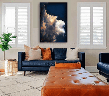 Dark Cloud Wall Art Painting Canvas Print Large Modern Trend Decor, Sun Light Through Storm Clouds , Large Cloud Wall Art over couch in blue orange living room decor setting.