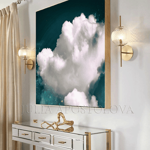 Teal White Wall Art Clouds Stars, Large Modern Canvas Print Cloud Painting Celestial Art Trend Decor, bedroom decor, large canvas, julia apostolova, office decor, home decor, cloud wall art, framed cloud art, unique wall art, trending now prints, dark teal painting, dark teal prints, cloud canvas print, cloud painting, trending decor, cloud art print, living room decor, large wall art, modern trending wall art, nordic decor, boho art, scandi wall art