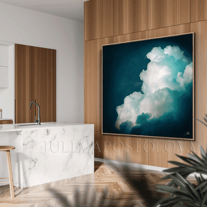 Dark Teal Painting Abstract Cloud Wall Art Large Canvas, Trend Decor for Bedroom, Living room Office