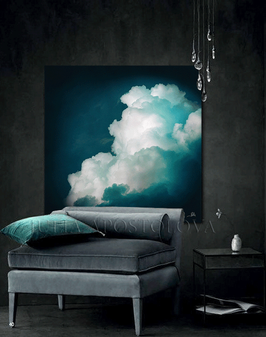 Dark Teal Painting Abstract Large Cloud Wall Art on high qualify Canvas from Original Cloud Painting by artist Julia Apostolova, perfect Teal Wall Art Trend Decor for Bedroom, Living room Office, Hotel, Restaurant, also ideal gift for him 