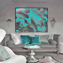 Turquoise Silver Wall Art Abstract Painting, Seascape Art, Watercolor, Embellished Print on Canvas, Rhapsody in Turquoise, Large Wall Art