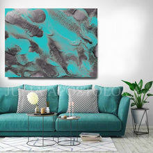 Turquoise Silver Wall Art Abstract Painting, Seascape Art, Watercolor, Embellished Print on Canvas, Rhapsody in Turquoise, Large Wall Art