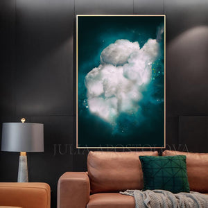 Dark Teal, Wall Art Cloud Painting, Cloud, Large Cloud Art Textured Canvas Print, Modern Interior Decor, Julia Apostolova, Dreamy Wall Art, Dream Art, luxury decor, art above bed art, airbnb decor, oil painting, abstract wall art, abstract print, abstract painting, abstract cloudscape, abstract clouds, interior decor, huge wall art canvas, huge wall art, teal wall art, teal home decor, dark sky, clouds and stars, teal and white, teal abstract, stretched canvas, silver details, shining art, abstract clouds