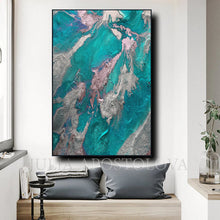 Teal Silver Wall Art Marble Abstract Ocean Art, Large Painting Turquoise Purple, Embellished Canvas