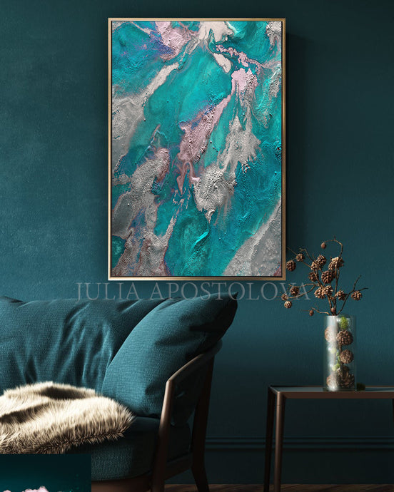 Teal Silver Wall Art, Marble Abstract, Ocean Art, Large Painting, Turquoise Purple, Embellished Canvas, Marble Wall Art, Purple and Teal, Abstract Ocean, Canvas Print, Seascape, Large Wall Art, Modern Painting, Julia Apostolova, turquoise and purple, turquoise and pink, interior decor, dining room, living room, Embellished Print, Earth Colors, Modern Painting, Seascape Abstract Painting