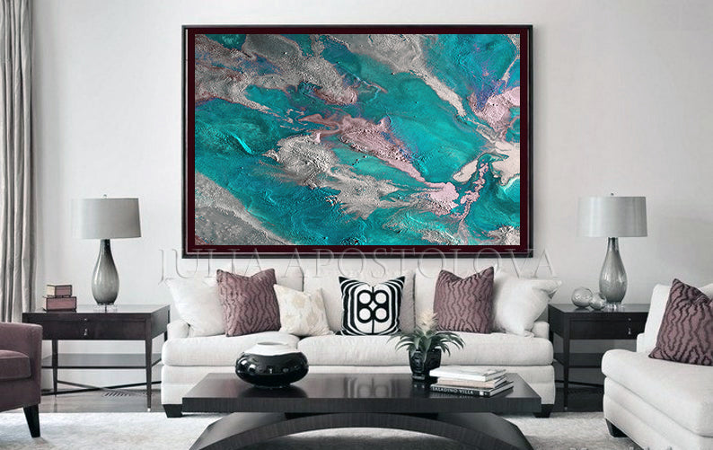 Teal and Grey Abstract Wall Art Teal and Silver Canvas Art Abstract Teal Pictures Wall Decor for Living Room Teal Blue Poster Print Turquoise