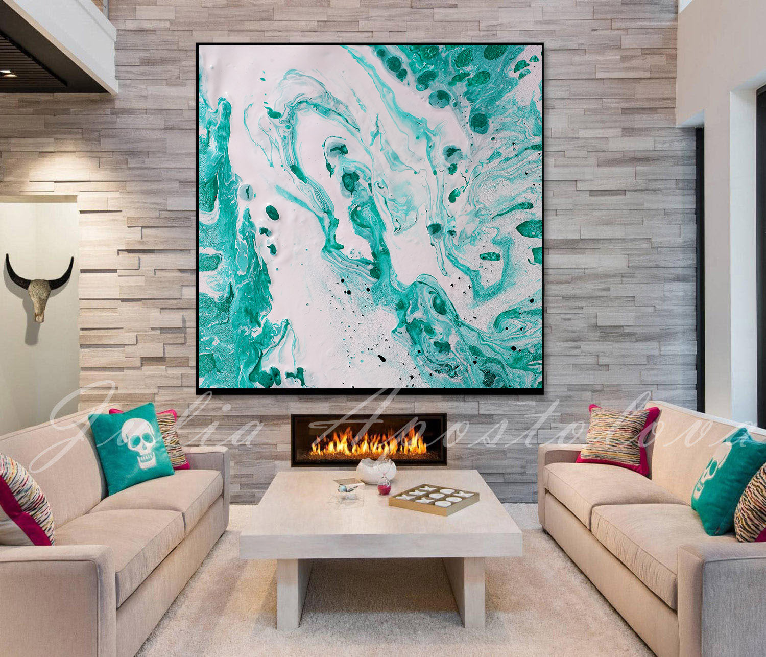 Abstract Painting Blush Pink Turquoise Teal Large Canvas Wall Art Decor –  Julia Apostolova