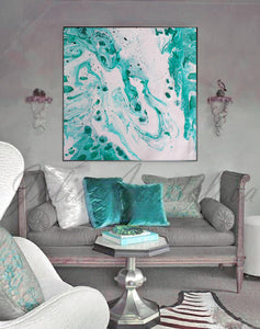 White Turquoise Wall Art Coastal Decor,Aqua Abstract Fluid Painting Canvas Print by Julia Apostolova