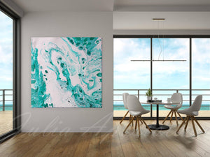 White Turquoise Wall Art Coastal Decor,Aqua Abstract Fluid Painting Canvas Print by Julia Apostolova