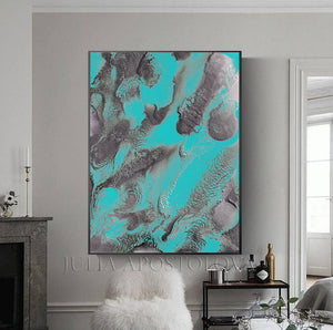 Turquoise Silver Wall Art Abstract Painting, Seascape Art, Watercolor, Embellished Print on Canvas, Rhapsody in Turquoise, Large Wall Art, Modern Painting, Teal and Gray