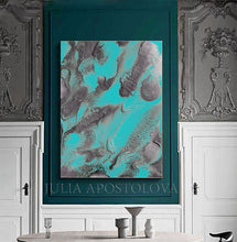 Turquoise Silver Wall Art Abstract Painting, Seascape Art, Watercolor, Embellished Print on Canvas