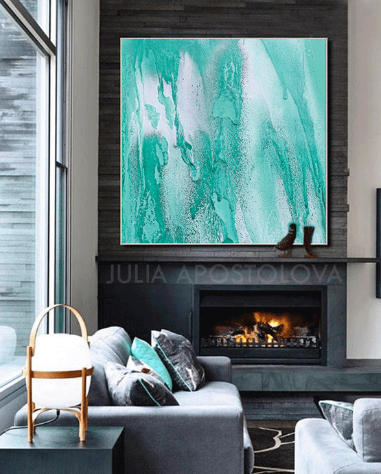 Large Abstract Painting Black Canvas Art Turquoise Painting Aesthetic Wall  Art Modern Canvas Art Apartment Gift Above Fireplace Decor | SPIRIT OF