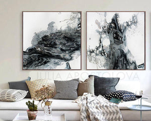 Large Black White Gray Painting Abstract Wall Art for Modern Decor, Julia Apostolova, Ready to Hang, Embellished Canvas, white art, white and black print, white and black painting, white and black canvas print white and black canvas, white abstract , white watercolour art watercolour watercolor print, modern abstract minimalist white wall art minimalist white painting minimalist white art, Minimalist Painting, minimalist art minimalist, minimal blue decor, minimal artwork