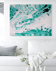 White Turquoise Wall Art Abstract Minimalist Painting, Modern Canvas Art Print of Original Painting
